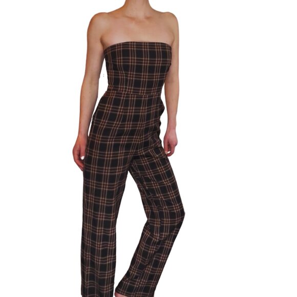 Lulus Sophisticated Mood Black Plaid Strapless Straight Leg Jumpsuit - Size XS - Picture 5 of 7